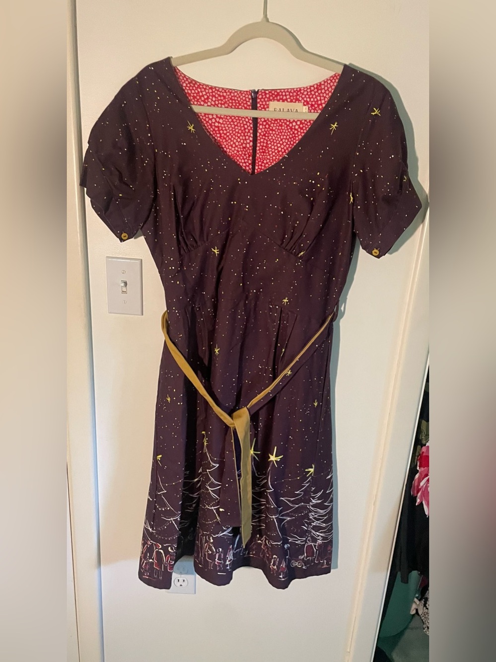 Palava Frida dress in plum and Christmas print UK 14